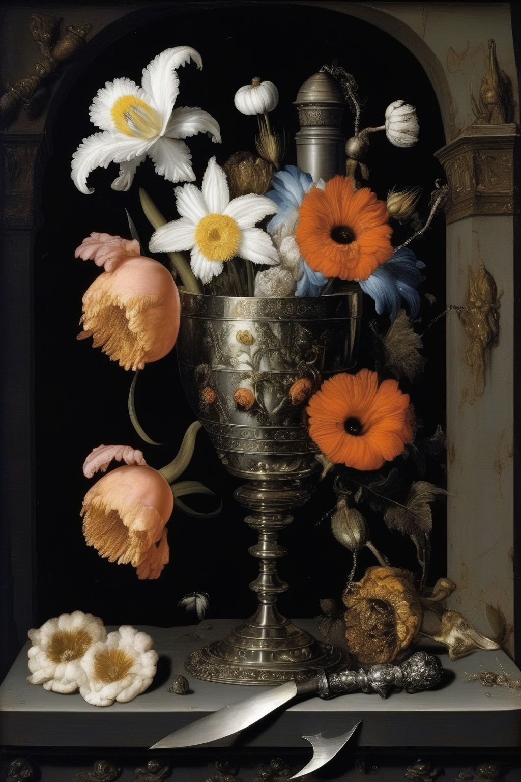 00036-3037733781-_lora_Pieter Claesz Style_1_Pieter Claesz Style - Dutch Flemish golden age fine art of flowers, a silver goblet with an eye in i.png